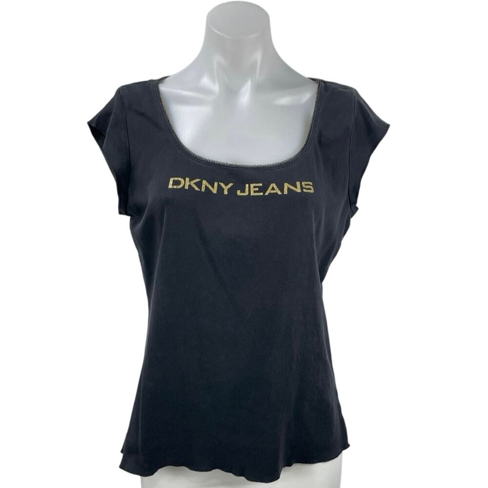DKNY Jeans Women's Black Short Cap Sleeve Scoop Neck T Shirt Tee Top Size XL